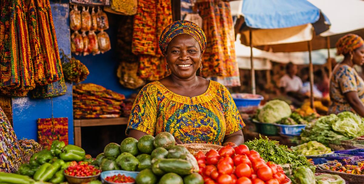 Ghanaian entrepreneurs trading at a colourful market stall