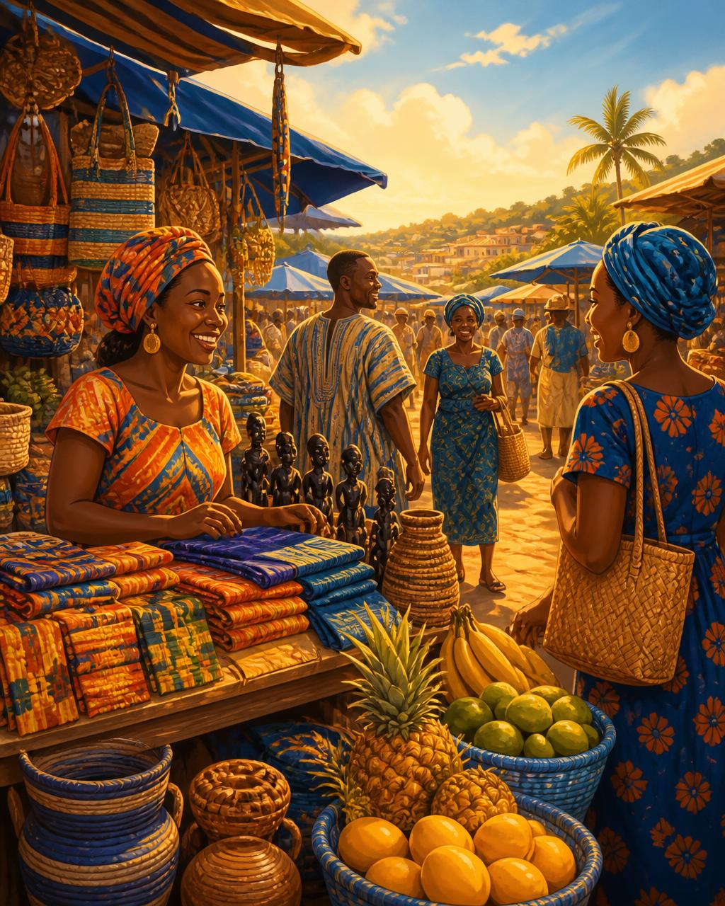 Vibrant illustration of a Ghanaian marketplace with vendors, shoppers, and produce